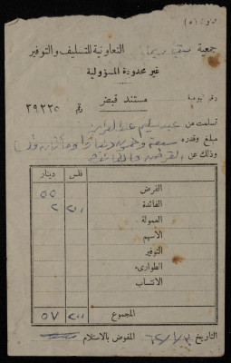 A Receipt Voucher from Beit Rima Cooperative Association for Saving and Credit to Abd al-Hamid Hamdan