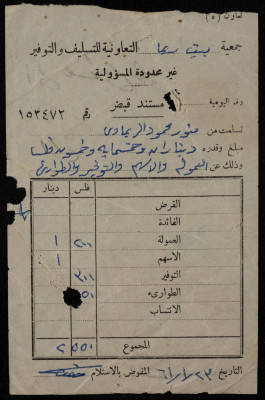 A Receipt Voucher from Beit Rima Cooperative Association for Saving and Credit to Abd al-Hamid Hamdan