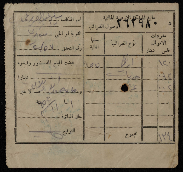 A Tax Receipt from the Hashemite Kingdom of Jordan to Salim Abd al-Aziz