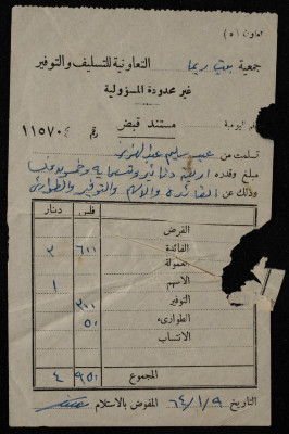 A Receipt Voucher from Beit Rima Cooperative Association for Saving and Credit to Abd al-Hamid Hamdan