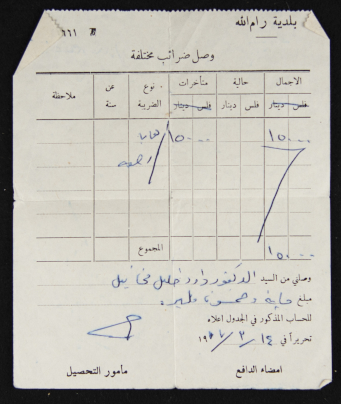 Taxes Receipt from Ramallah Municipality to Dawud Mikhaʾil