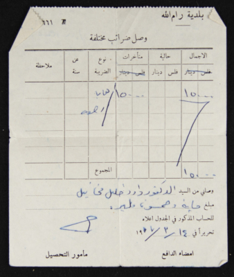 وصل قبض ضرائب مختلفة، صادر عن بلدية رام الله لداود ميخائيل 