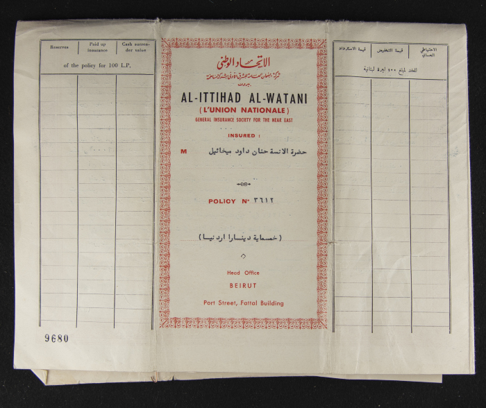 A Life Insurance Policy Issued by al-Ittihad al-Watani for Hanan Mikhaʾil	