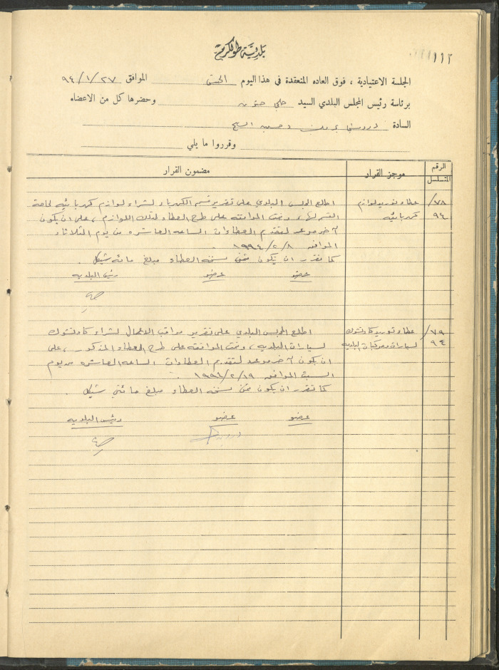 The Tulkarm Municipal Council Minutes