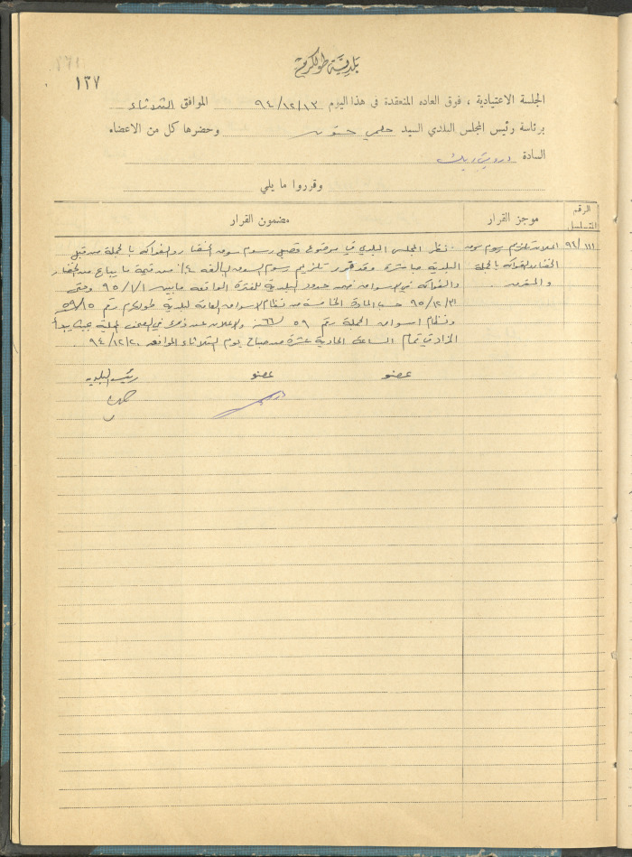 The Tulkarm Municipal Council Minutes