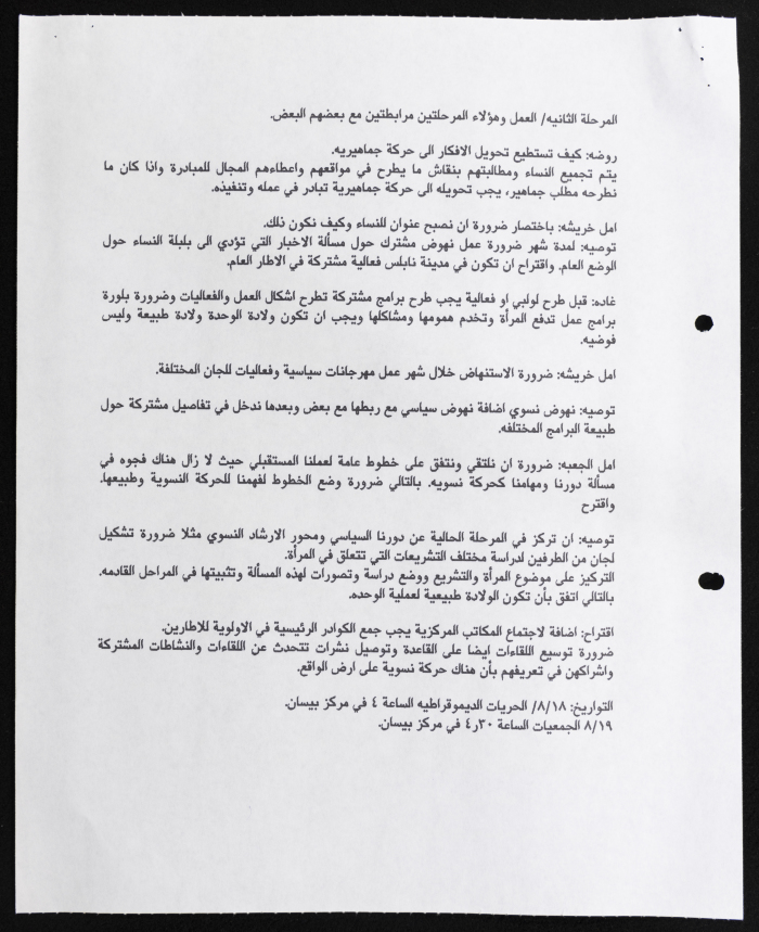Minutes of a Meeting between The Palestinian Federation of Women's Action Committees and The Union of Women's Palestinian Committees. 
