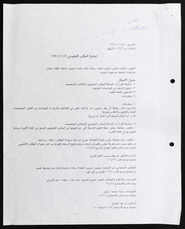 Executive Office of the Federation of Women's Action Committees, Meeting Minutes, 1991
