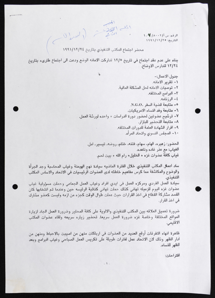 Executive Office of the Federation of Women's Action Committees, Meeting Minutes, 1991 
