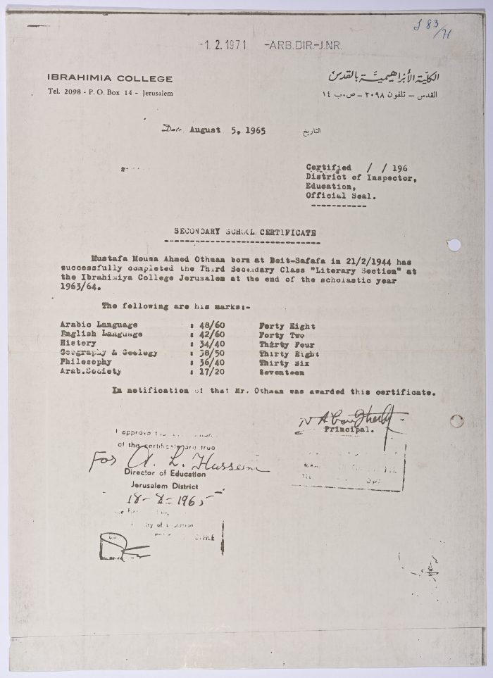 A certificate from the Ibrahimieh College in Jerusalem for the student Mustafa Uthman from Beit Safafa