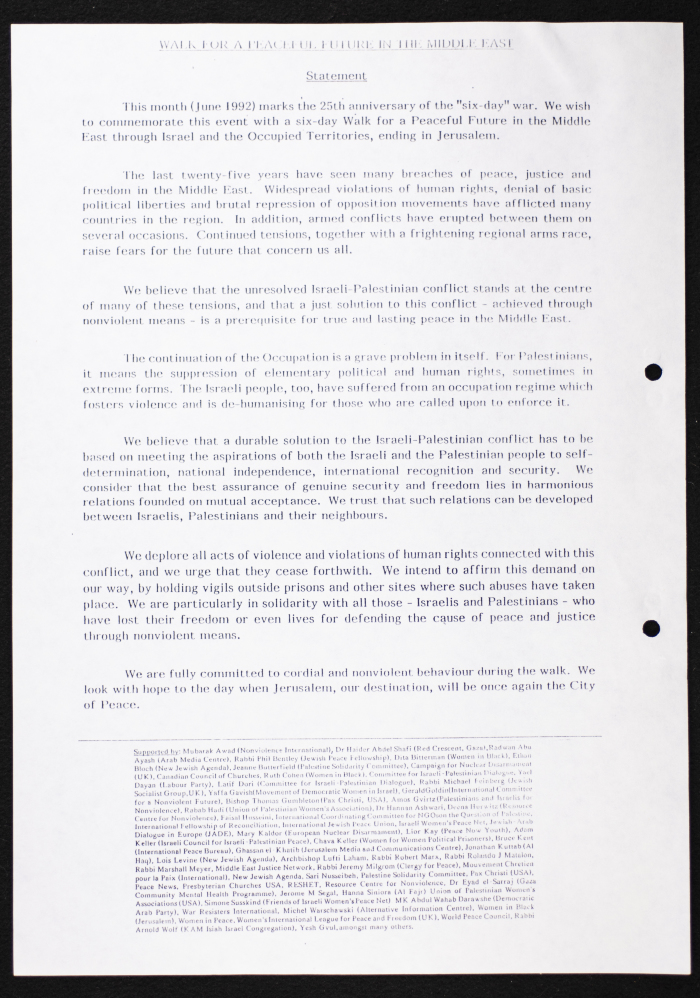 An Invitation to a Walk for a Peaceful Future in the Middle East
