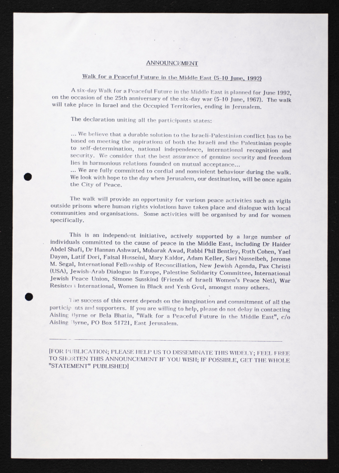 An Invitation to a Walk for a Peaceful Future in the Middle East
