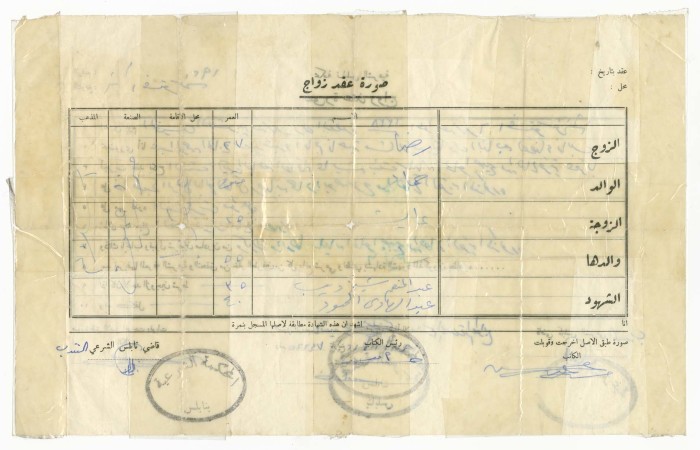 A Marriage Contract Between ʿĀysha Ṣbaih and Rida abu Ṣalah Naẓmeh, 12 December 1971 