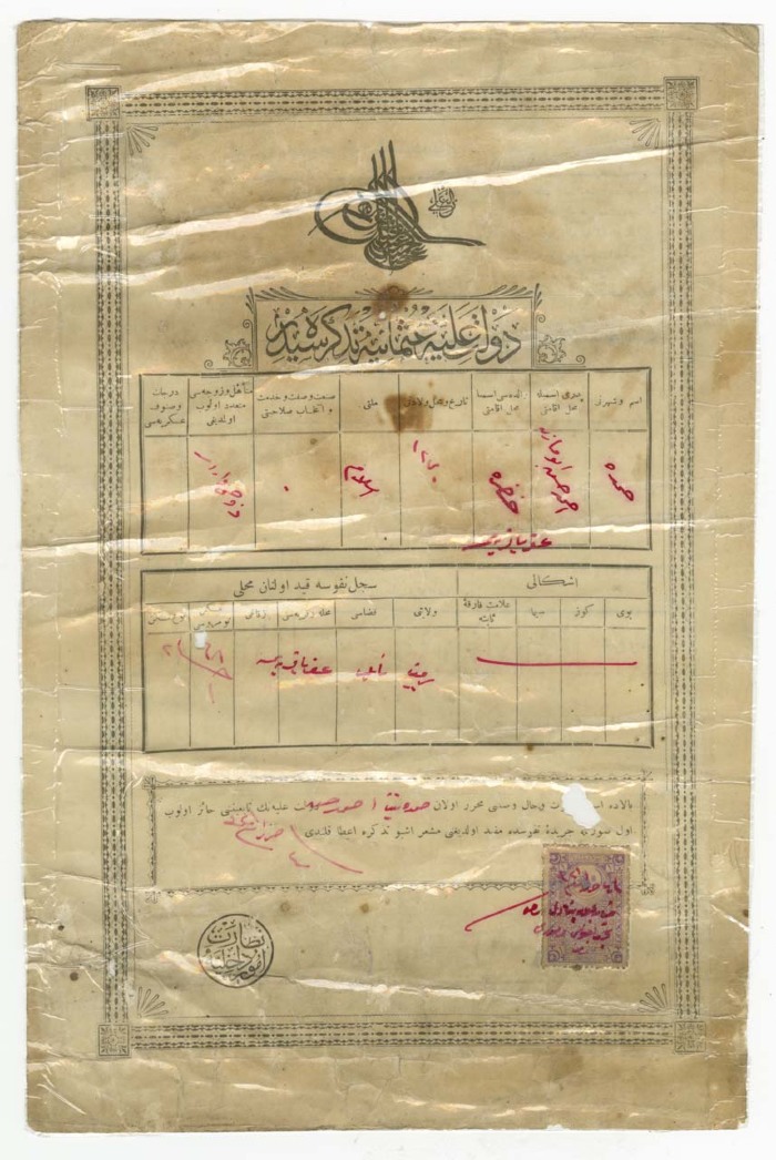 Hamdeh Ahmad Hussein's Ottoman Birth Certificate Issued by the Nablus Civil Status and Registration Office on 28 August 1903 
