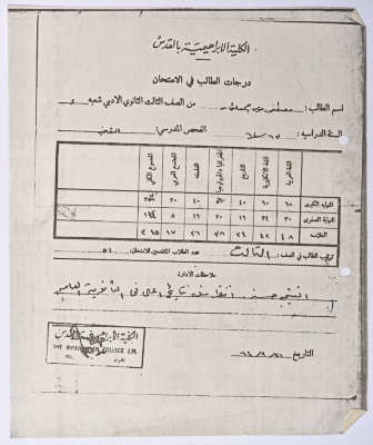 A certificate from the Ibrahimieh College in Jerusalem for the student Mustafa Uthman from Beit Safafa