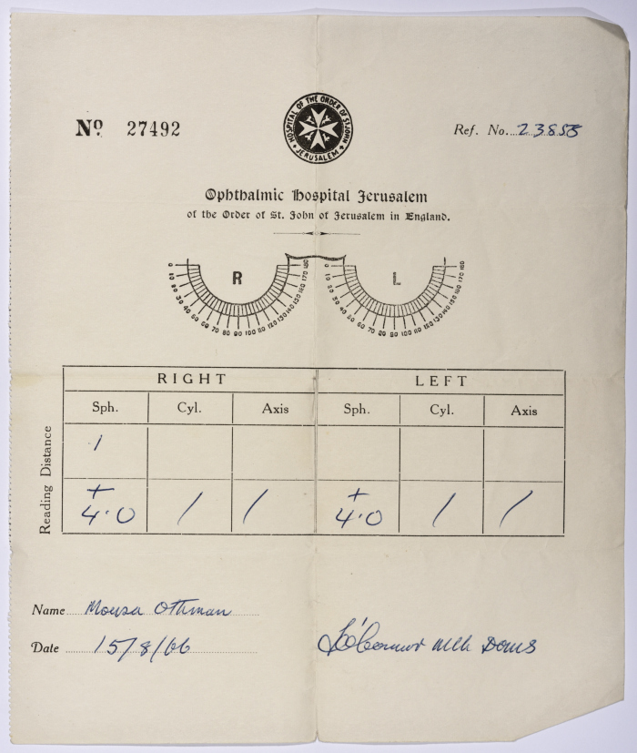 Eyes check in St John's Ophthalmic Hospital in Jerusalem for Musa Uthman of Beit Safafa
