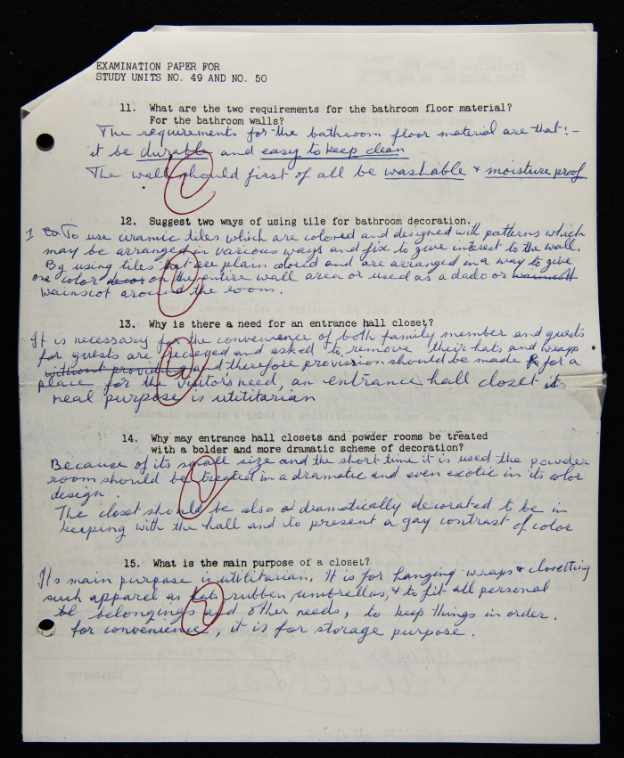 An Examination Paper of Nahil Bishara During her Study at Chicago School of Interior Decoration, 1960-64
