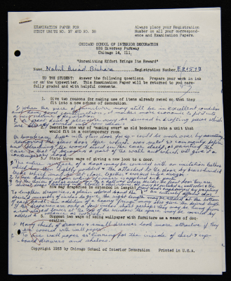 An Examination Paper of Nahil Bishara During her Study at Chicago School of Interior Decoration, 1960-64
