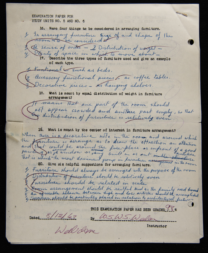An Examination Paper of Nahil Bishara During her Study at Chicago School of Interior Decoration, 1960-64
