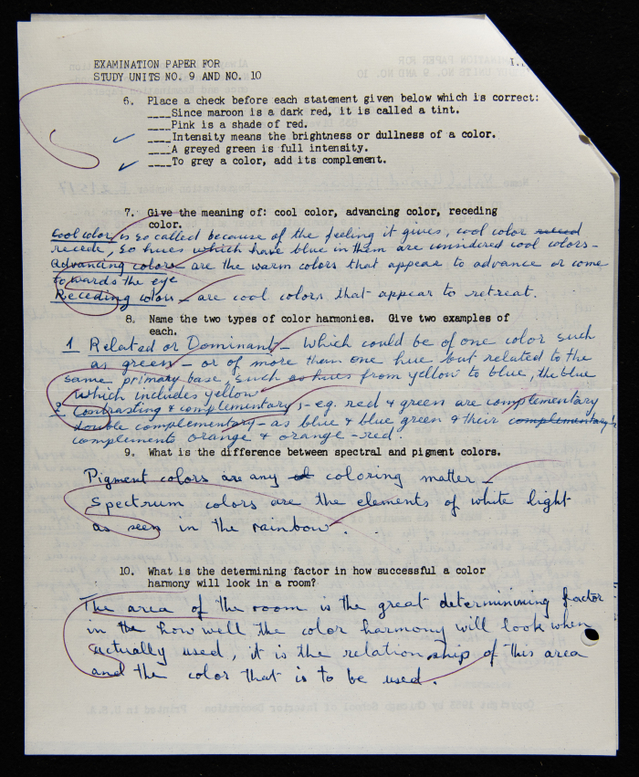 An Examination Paper of Nahil Bishara During her Study at Chicago School of Interior Decoration, 1960-64
