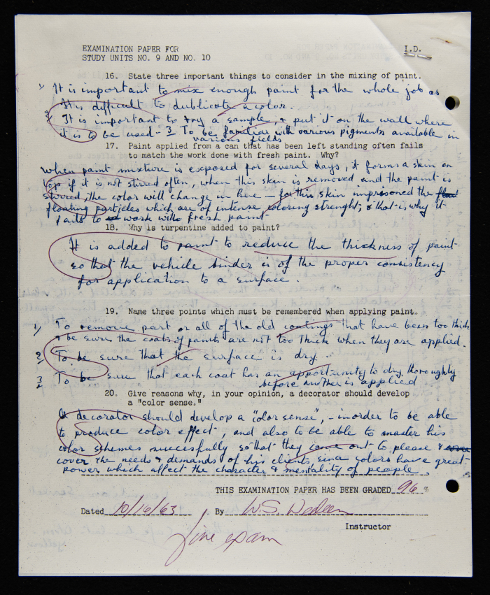 An Examination Paper of Nahil Bishara During her Study at Chicago School of Interior Decoration, 1960-64
