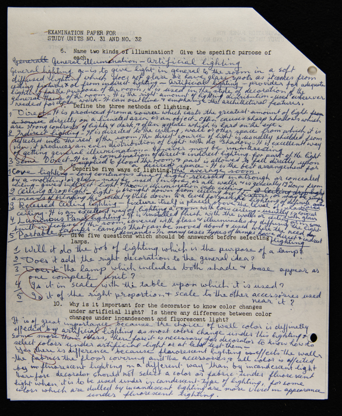 An Examination Paper of Nahil Bishara During her Study at Chicago School of Interior Decoration, 1960-64
