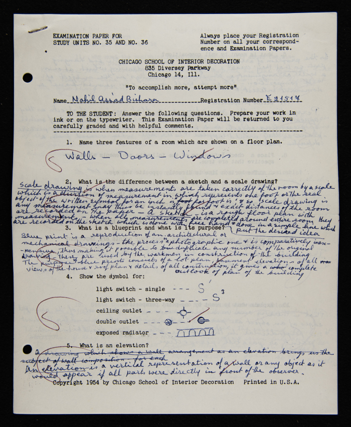 An Examination Paper of Nahil Bishara During her Study at Chicago School of Interior Decoration, 1960-64
