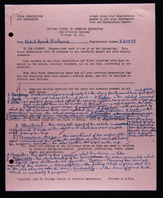 An Examination Paper of Nahil Bishara During her Study at Chicago School of Interior Decoration, 1960-64
