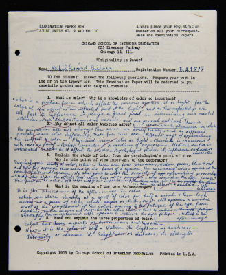 An Examination Paper of Nahil Bishara During her Study at Chicago School of Interior Decoration, 1960-64

