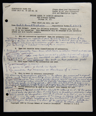 An Examination Paper of Nahil Bishara During her Study at Chicago School of Interior Decoration, 1960-64
