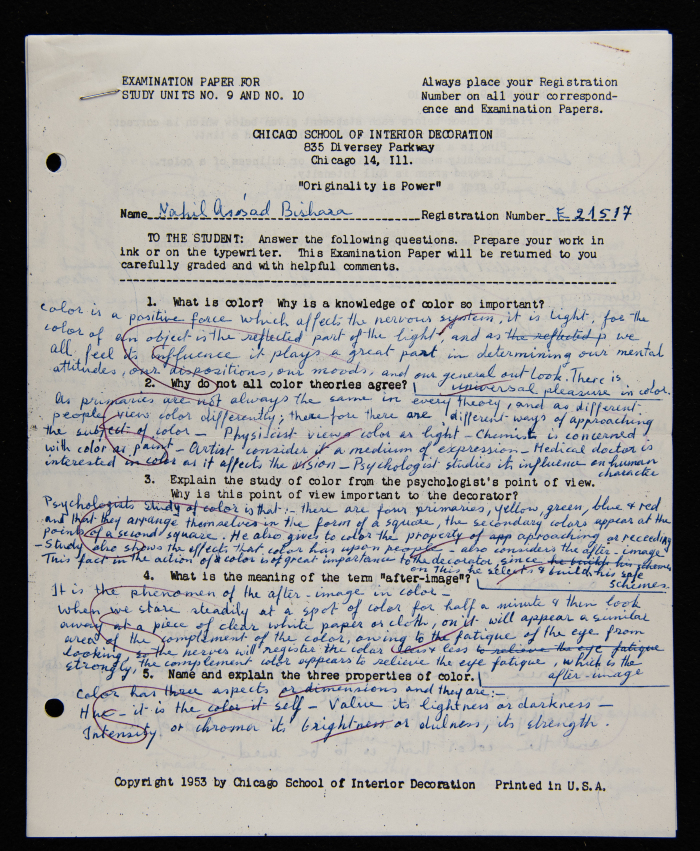 An Examination Paper of Nahil Bishara During her Study at Chicago School of Interior Decoration, 1960-64
