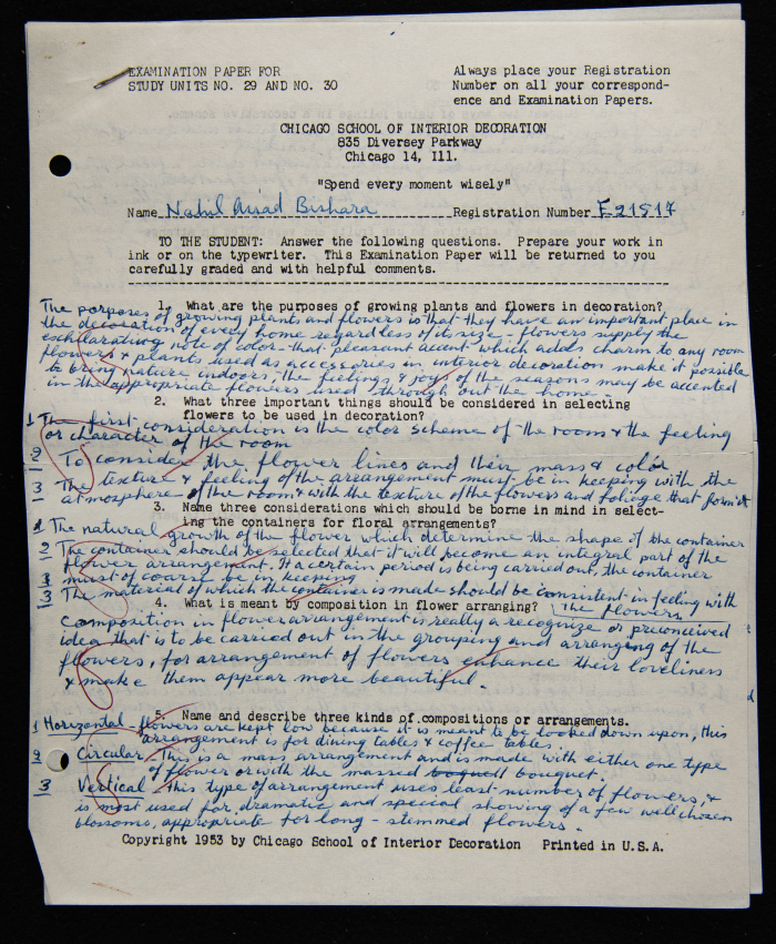 An Examination Paper of Nahil Bishara During her Study at Chicago School of Interior Decoration, 1960-64
