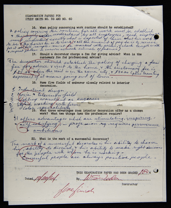 An Examination Paper of Nahil Bishara During her Study at Chicago School of Interior Decoration, 1960-64
