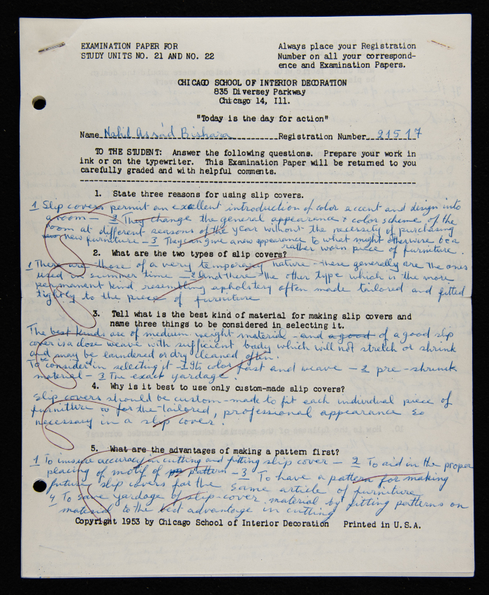 An Examination Paper of Nahil Bishara During her Study at Chicago School of Interior Decoration, 1960-64
