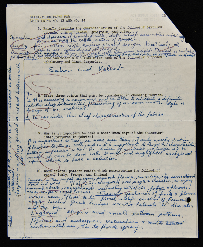 An Examination Paper of Nahil Bishara During her Study at Chicago School of Interior Decoration, 1960-64

