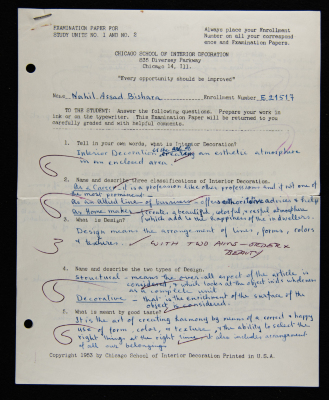 An Examination Paper of Nahil Bishara During her Study at Chicago School of Interior Decoration, 1960-64
