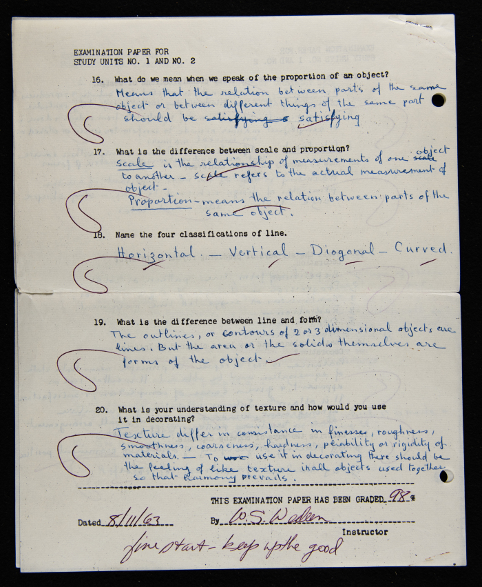 An Examination Paper of Nahil Bishara During her Study at Chicago School of Interior Decoration, 1960-64
