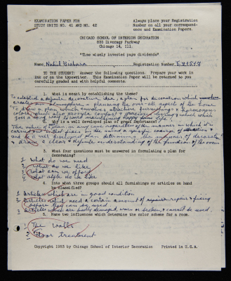 An Examination Paper of Nahil Bishara During her Study at Chicago School of Interior Decoration, 1960-64
