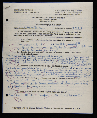 An Examination Paper of Nahil Bishara During her Study at Chicago School of Interior Decoration, 1960-64
