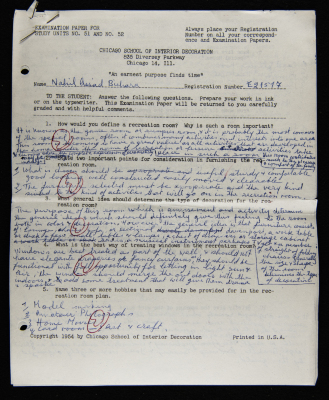 An Examination Paper of Nahil Bishara During her Study at Chicago School of Interior Decoration, 1960-64
