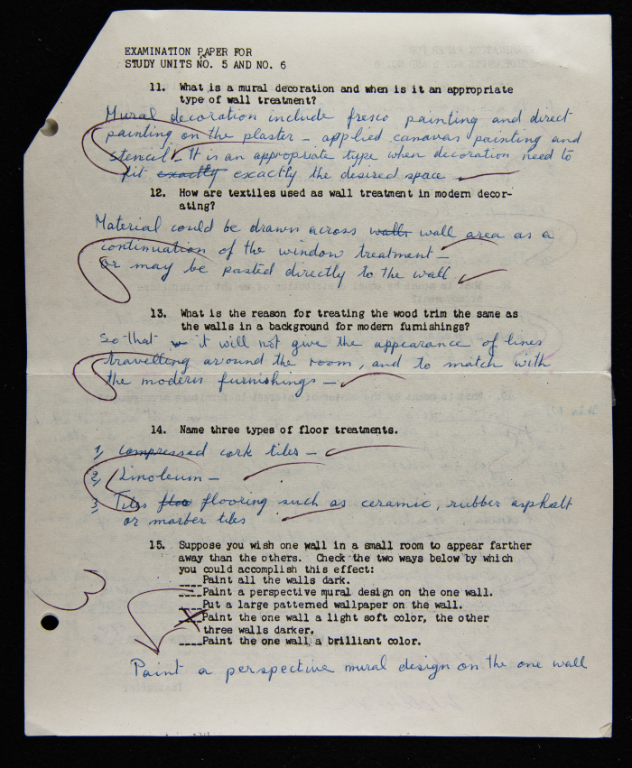 An Examination Paper of Nahil Bishara During her Study at Chicago School of Interior Decoration, 1960-64
