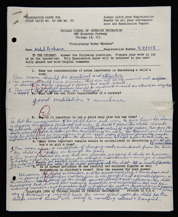 An Examination Paper of Nahil Bishara During her Study at Chicago School of Interior Decoration, 1960-64
