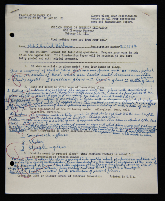 An Examination Paper of Nahil Bishara During her Study at Chicago School of Interior Decoration, 1960-64
