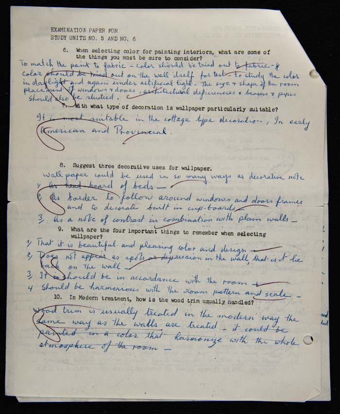 An Examination Paper of Nahil Bishara During her Study at Chicago School of Interior Decoration, 1960-64
