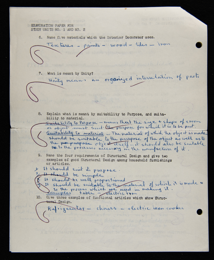 An Examination Paper of Nahil Bishara During her Study at Chicago School of Interior Decoration, 1960-64
