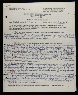 An Examination Paper of Nahil Bishara During her Study at Chicago School of Interior Decoration, 1960-64

