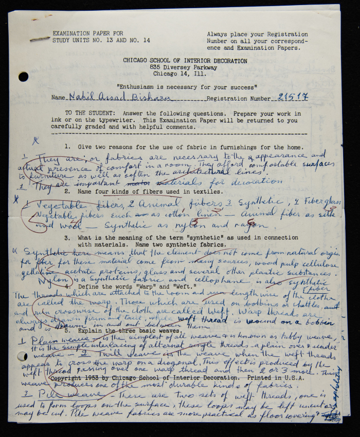 An Examination Paper of Nahil Bishara During her Study at Chicago School of Interior Decoration, 1960-64
