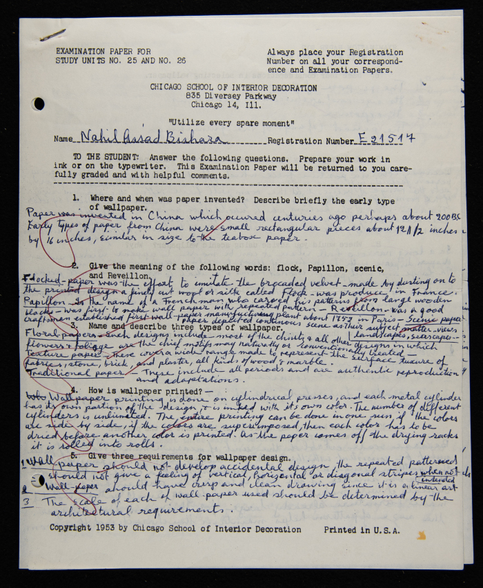 An Examination Paper of Nahil Bishara During her Study at Chicago School of Interior Decoration, 1960-64
