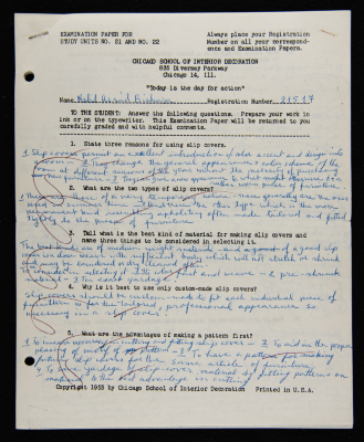 An Examination Paper of Nahil Bishara During her Study at Chicago School of Interior Decoration, 1960-64
