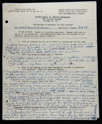An Examination Paper of Nahil Bishara During her Study at Chicago School of Interior Decoration, 1960-64

