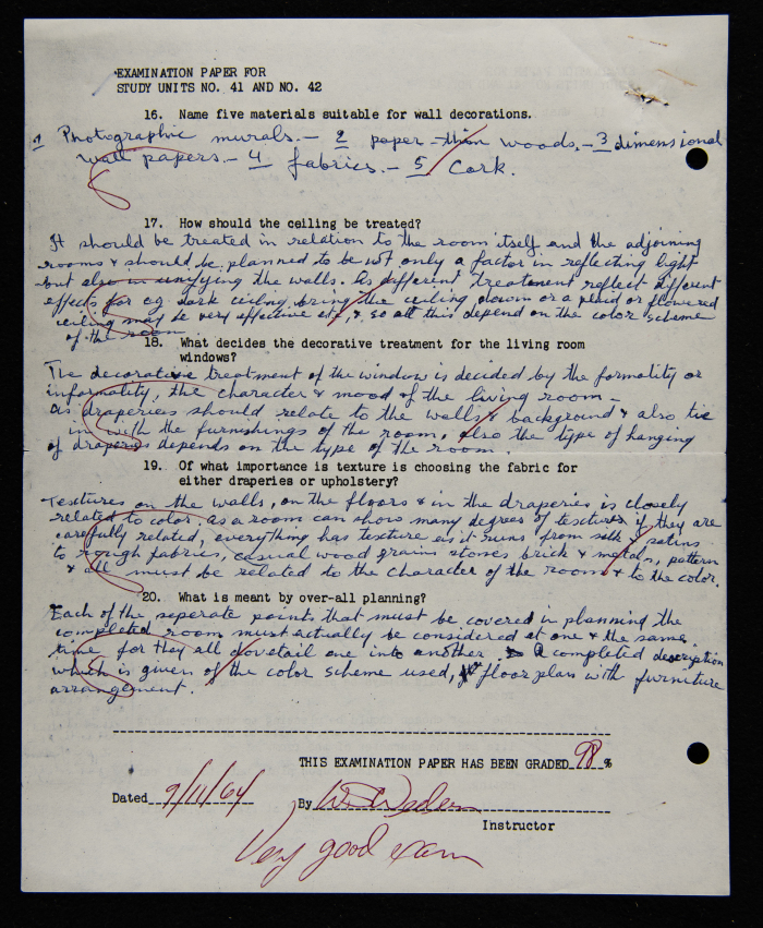 An Examination Paper of Nahil Bishara During her Study at Chicago School of Interior Decoration, 1960-64
